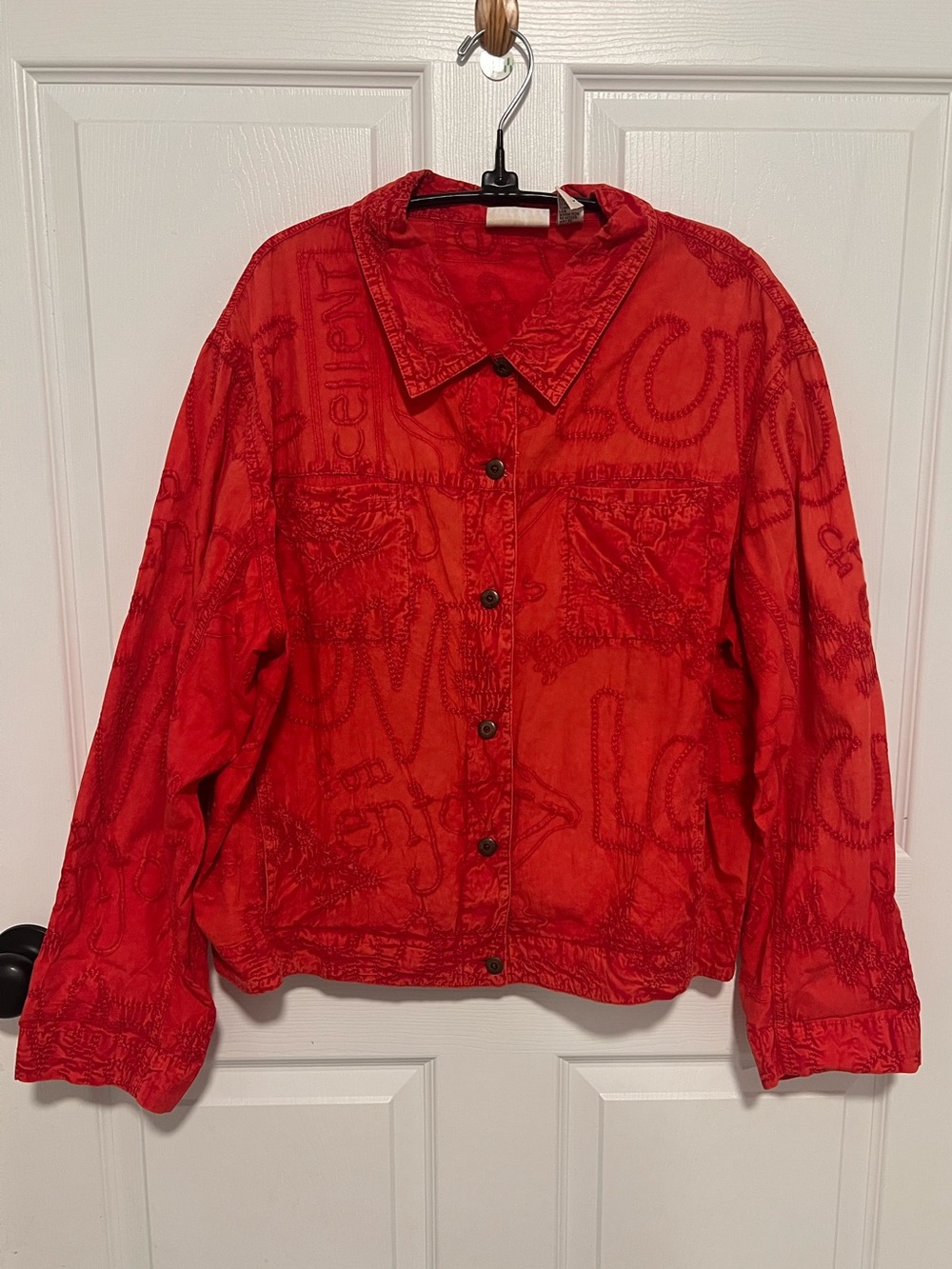 Vintage Chico's Design Red Embroidered Button Up Cotton Shirt Jacket Boho